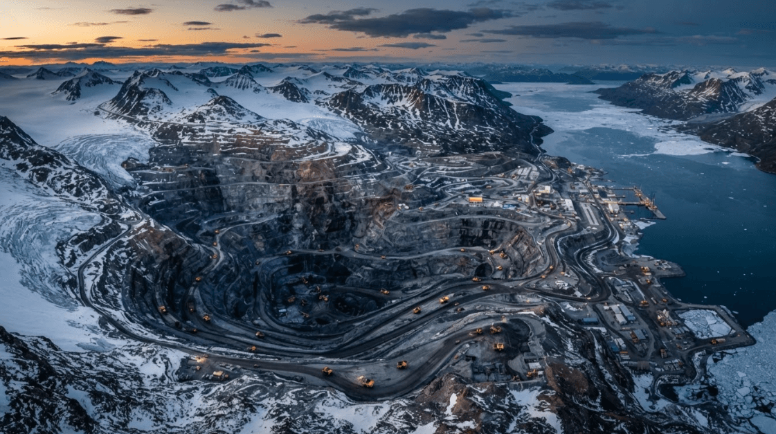 Illustrative Arctic open-pit mine beside a snowy Greenland fjord at dusk; not a photograph of the Tanbreez project.