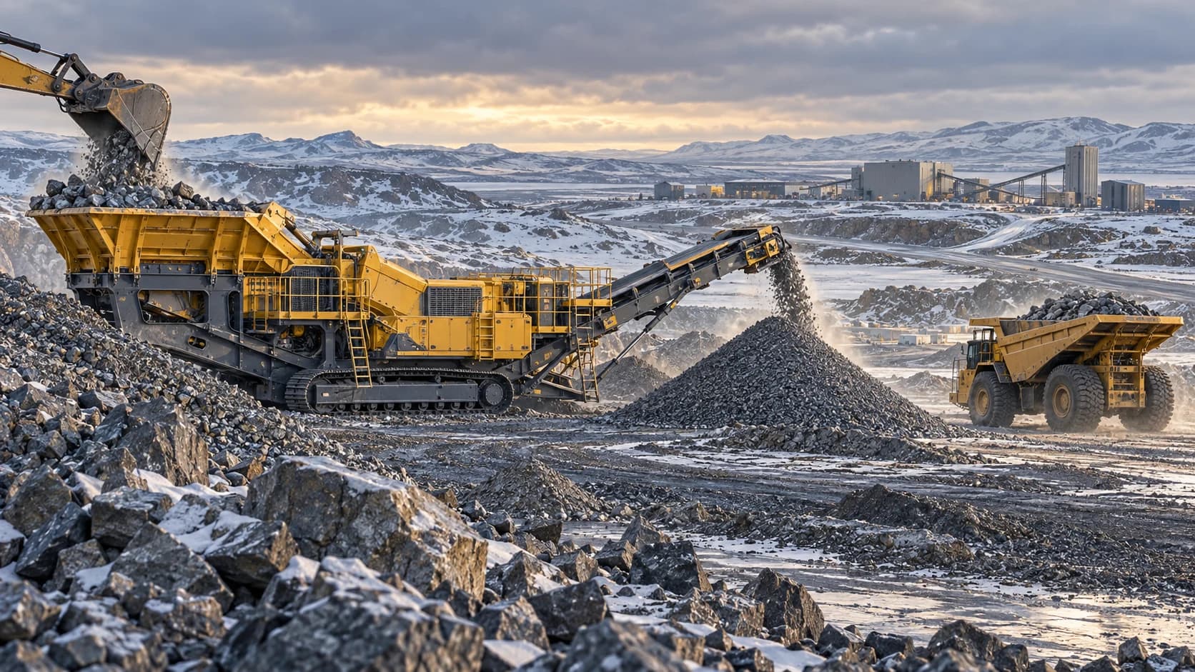 AI-generated illustration of a mobile ore crusher and conveyor on rocky Arctic tundra.