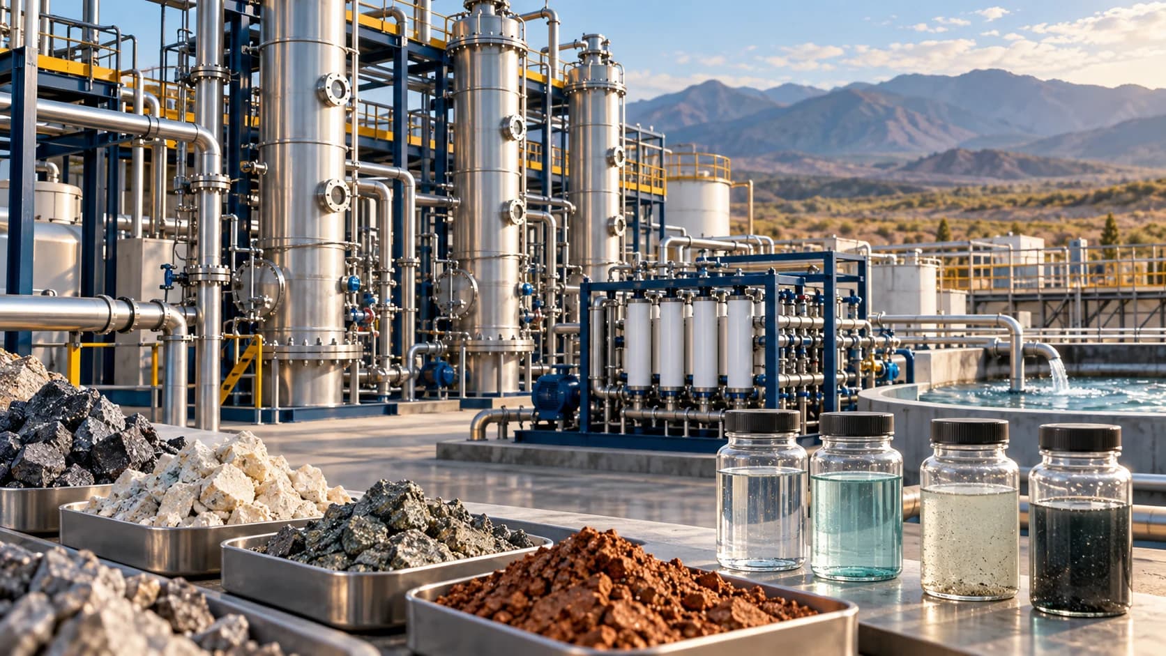 AI-generated illustration of mineral-recovery columns, filtration equipment and mineral samples.