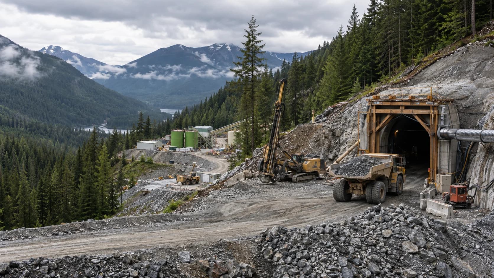 Underground gold-mine portal and construction equipment in a forested Canadian mountain valley.
