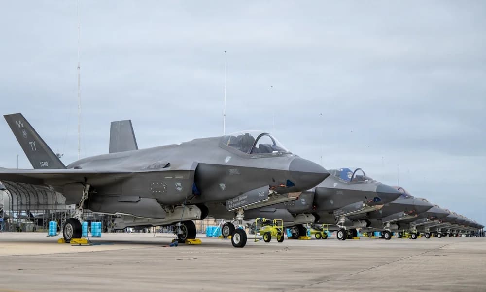 F-35A Lightning II fighter aircraft parked on a flight line at Tyndall Air Force Base.