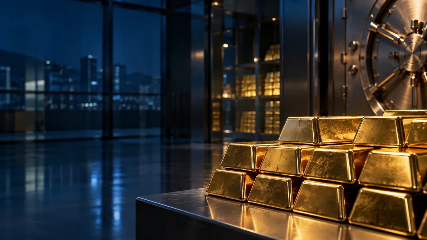 Unbranded gold bars stacked inside a modern secure vault.