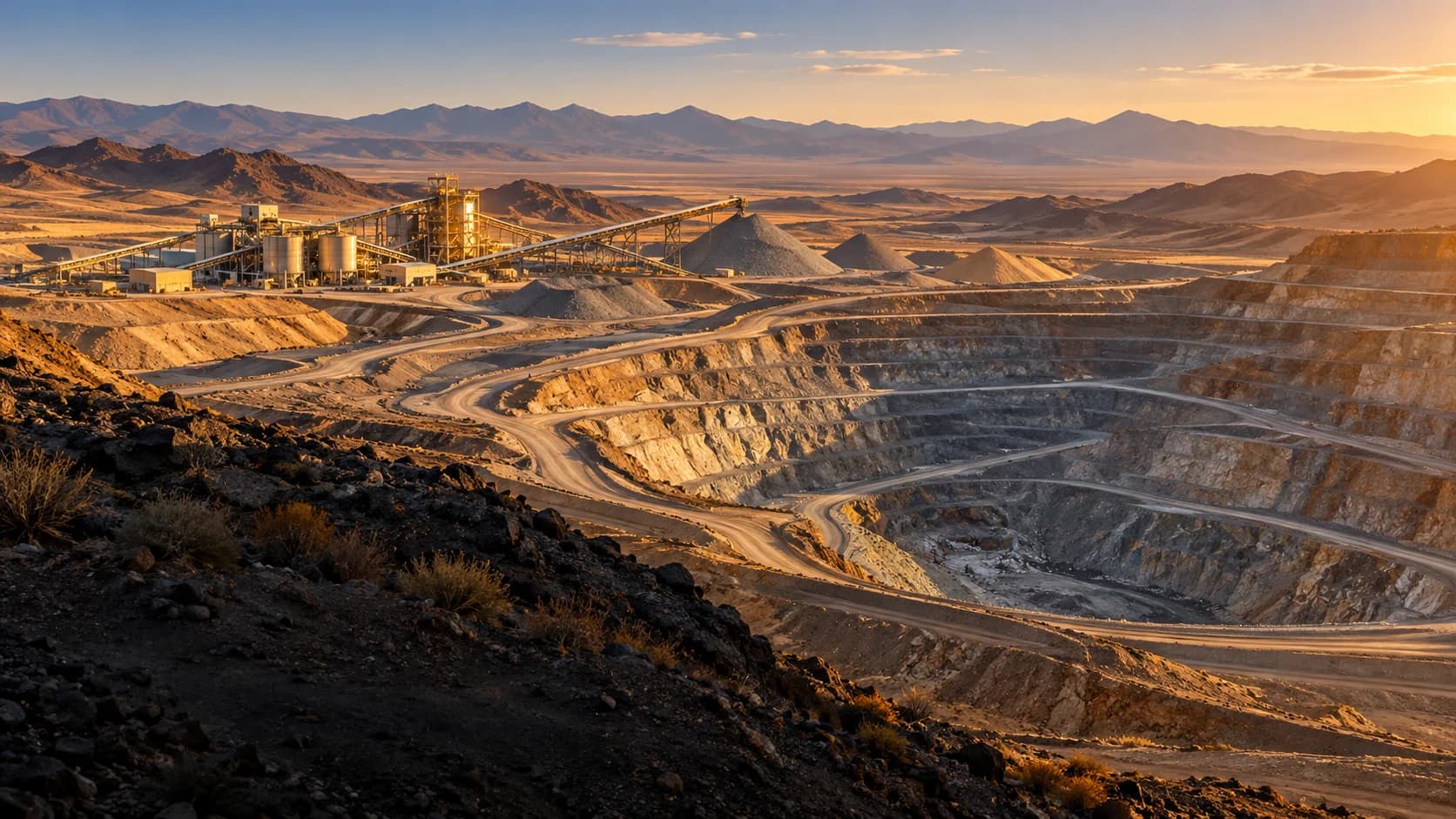 Generic open-pit gold mine and processing operation in a high-desert landscape