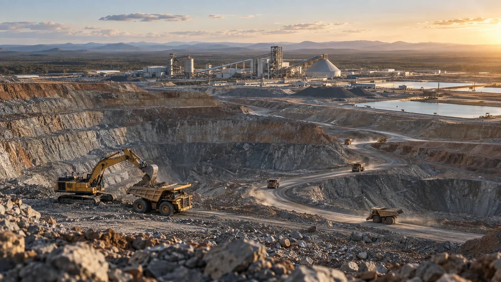 Open-pit rare-earth mine with heavy equipment and a mineral-processing plant at sunset.