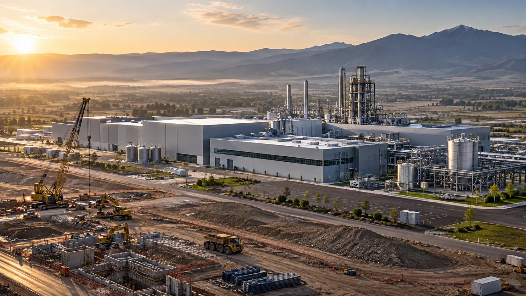 Rare-earth magnet manufacturing and processing facility under construction at sunrise.